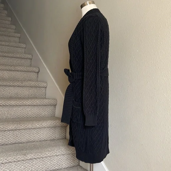 Banana Republic Sz M Belted Black Chunky Knit  Button Down Long Cardigan - Picture 7 of 16
